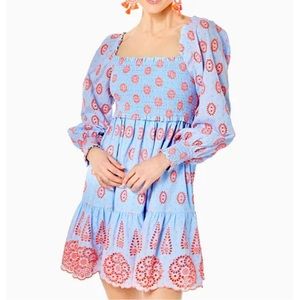 Lilly Pulitzer Rainna Long Sleeve Smocked Dress in Blue Peri Chambray Dobby